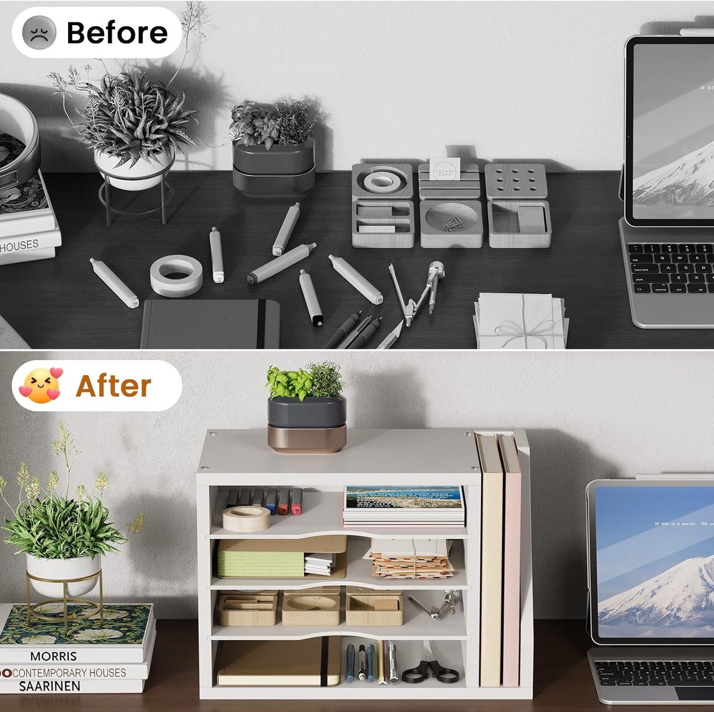 File Organizer Desktop, Wood Desk Organizer with 3 Adjustable Shelves, Mail Paper Sorter for Office, Home, File Holders for Envelopes, Mail Supplies or Magazines, White
