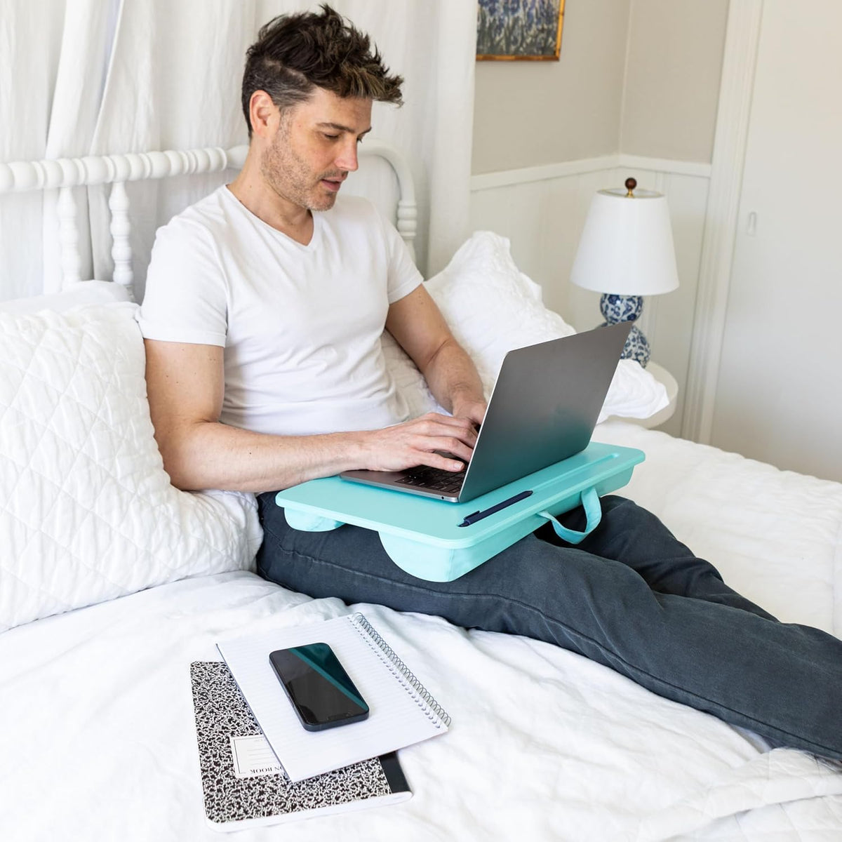 LAPGEAR Original Lap Desk – Large (17.9” x 13”) | Fits Up to 17.3” Laptops | Cushioned with Device Ledge, Pencil Tray & Handle | Portable & Lightweight | Aqua Sky – Style No. 45159