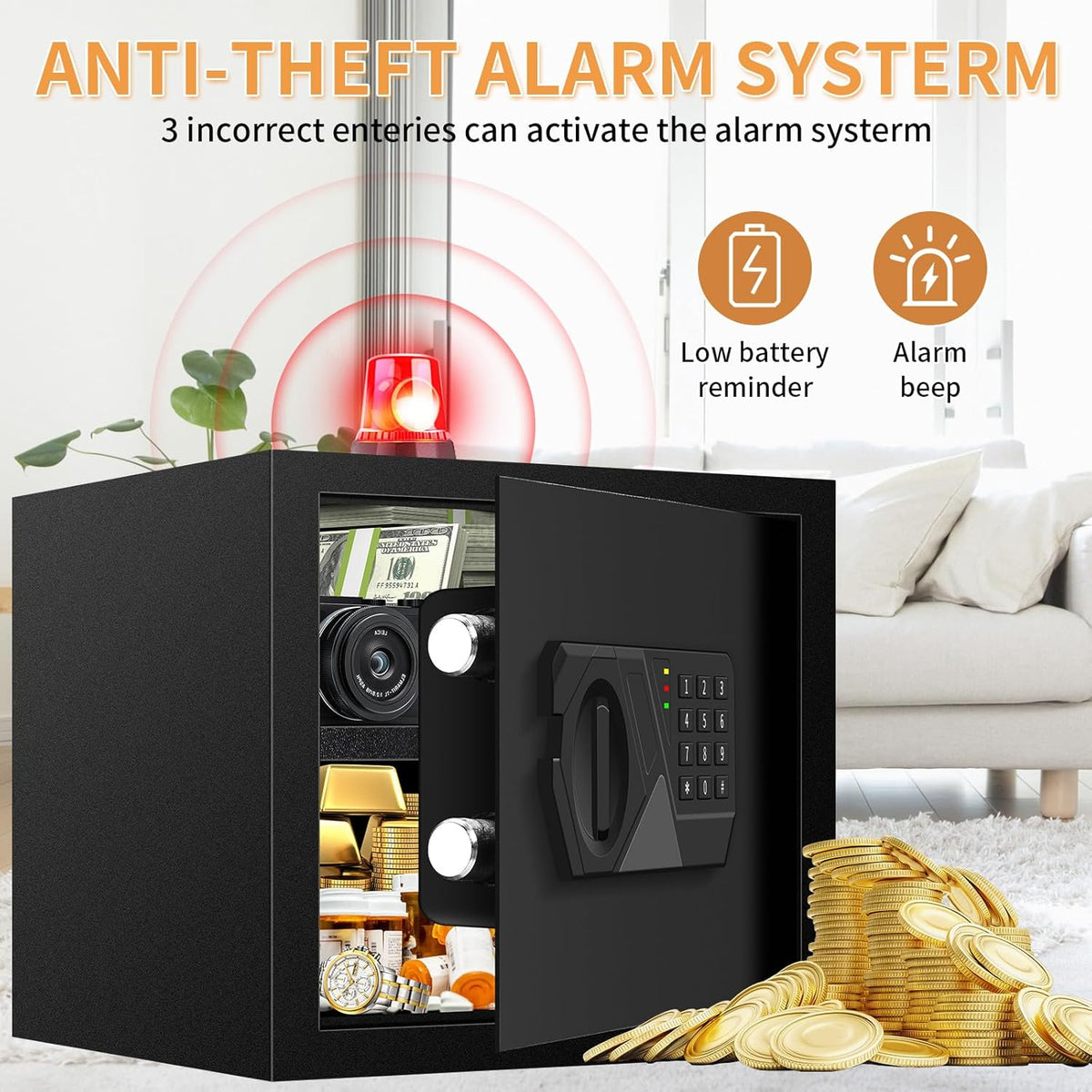 1.6 Cub Small Safes for Home Use, Digital Security Home Safe Box with Programmable Keypad, Spare Keys and Alarm System, Anti-Theft Lock Box Personal Safe for Money Medicines Valuables