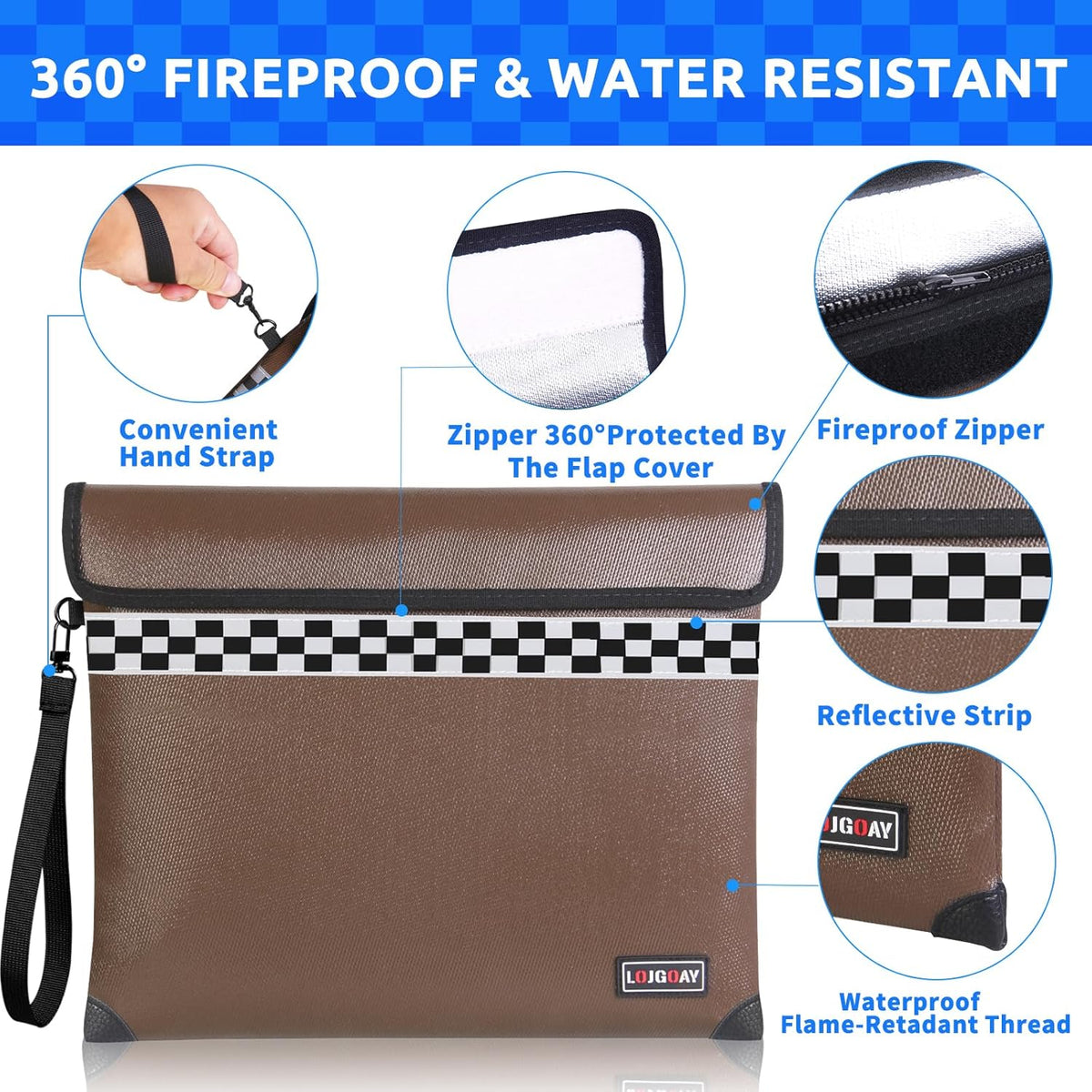 6200°F Fireproof Document Bag with upgrated Fireproof Zipper, Fire Proof Money Bag for Cash with Hand Strap, 9 Layers of Heat Insulated Materials, Water Resistant Fireproof Bag for Documents,Safe Bag