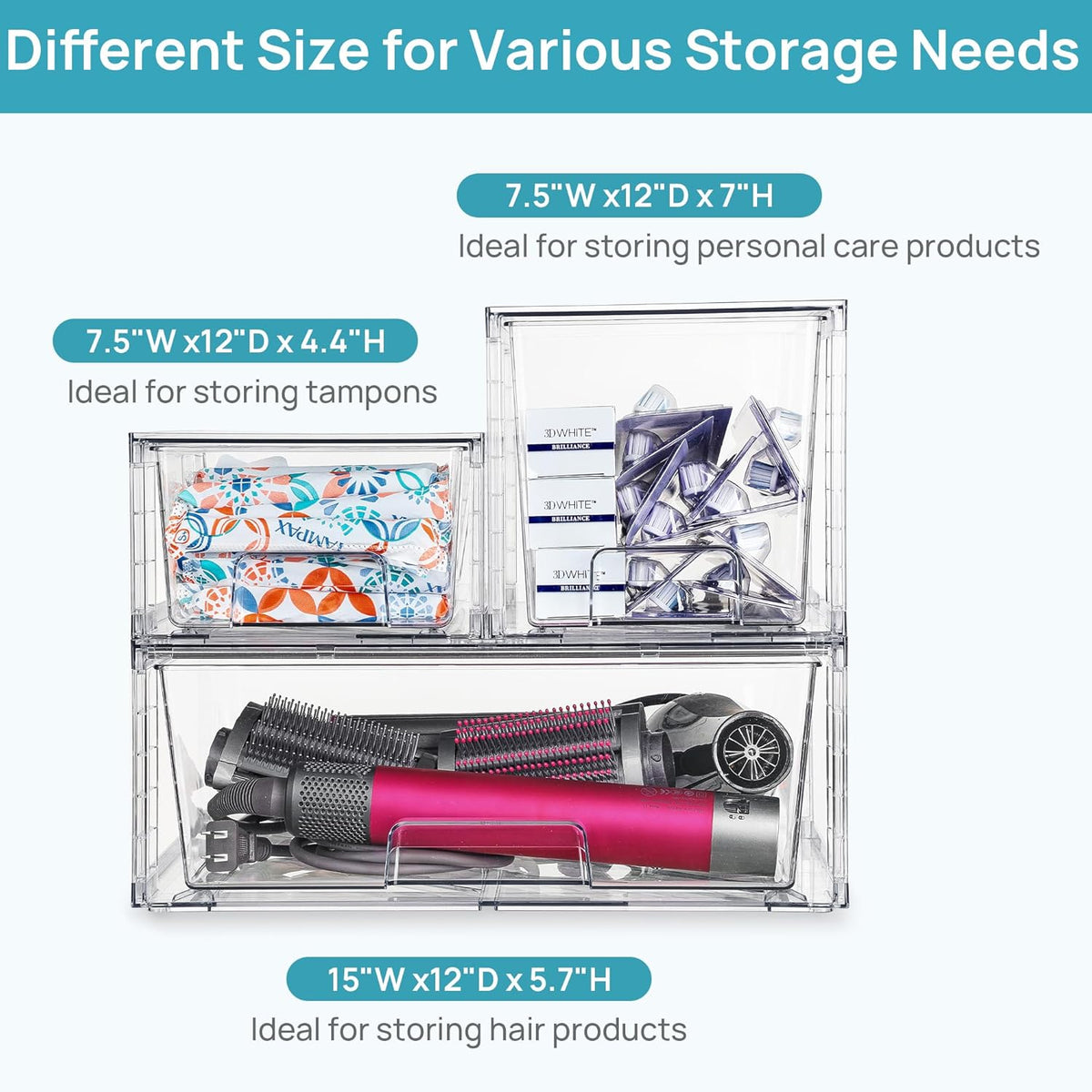 Vtopmart Clear Stackable Storage Drawers Set of 5, Easily Assemble Acrylic Bathroom Undersink Organizers,Plastic Storage Bins for Closet,Cabinet,Pantry,Medicine Organization