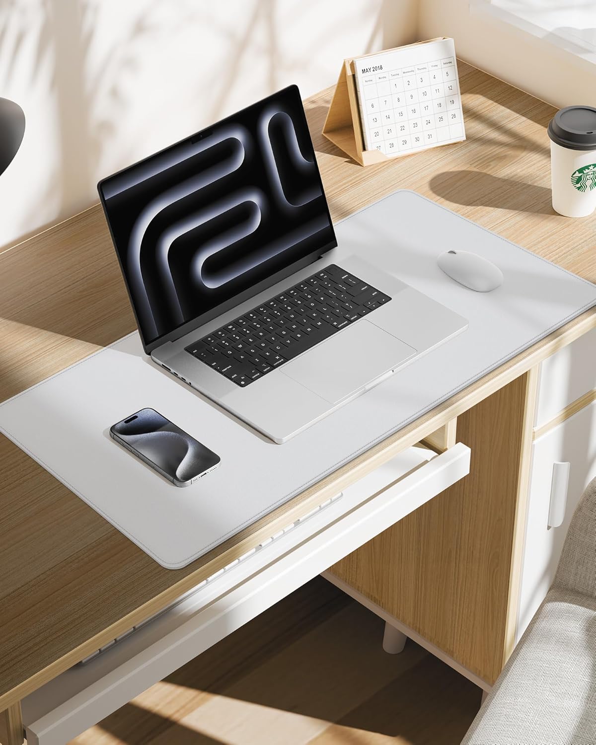 Desk Pad Mat 23.6"x13.7" - Waterproof Mouse Pad & Desk Protector, Non-Slip PU Leather for Gaming Keyboard/Mouse, Stitched Edge XL Office Desk Pad with Ergonomic Support(White)