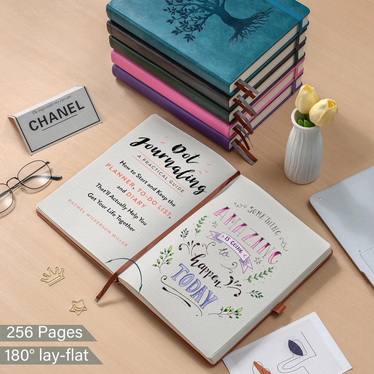 ZXHQ A5 Bullet Dotted Journal Notebook-150gsm Thick Paper, 256 Pages, Dot Grid Hardcover, Tree of Life Design, Fine Inner Pocket - 5.9" Γ 8.5" Brown