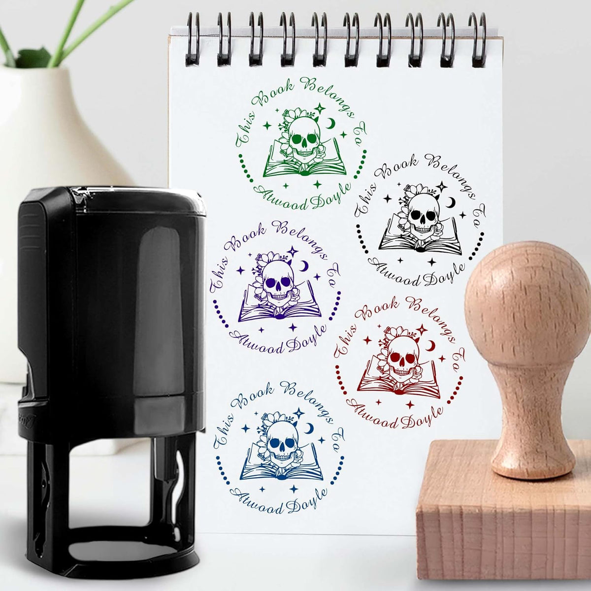 Skull Themed Library Book Embosser, Custom Book Business Card Paper Document Notebook, Self Inking Stamp,Book Lover Gifts,Christmas Gifts (Style04)