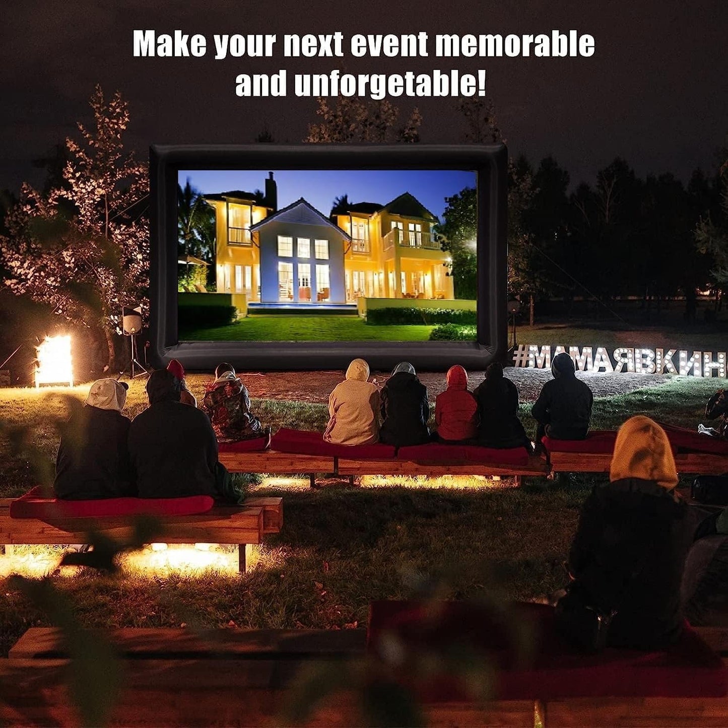 PioneerWorks Inflatable Projector Screen, 24FT Portable Blow Up Outside Projector Screen, Front & Rear Projection, with Rope, Air Blower, Ground Nails and Carry Bag, for Theater, Football, Backyard