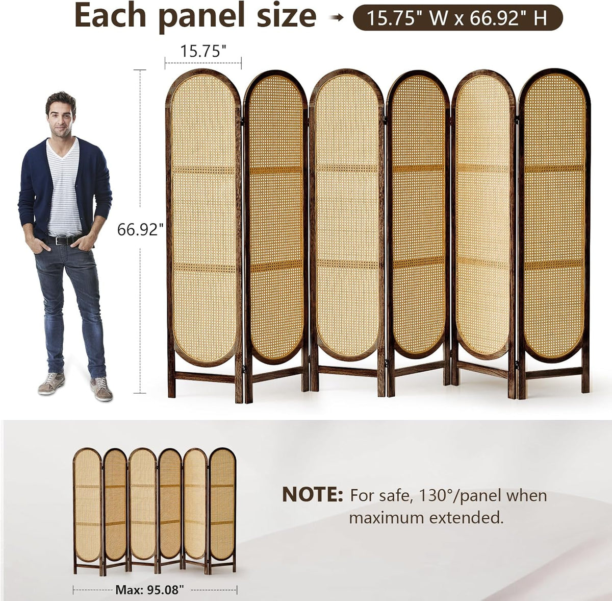 6 Panels Room Dividers and Hand-Woven Rattan Room Divider Wall, Wood Room Divider Folding Privacy Screens for Home Office Bedroom, Brown