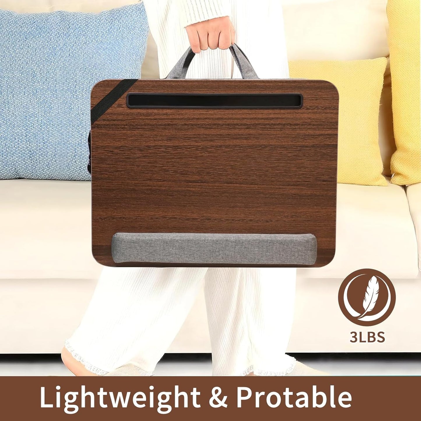 Lap Desk for Laptop Stand with Cushion, Adults with Storage Fits Up to 15.6in, Combines Features Bag and Pillow Table by Travel, Portable Workstation for Home College Office (Walnut Color)