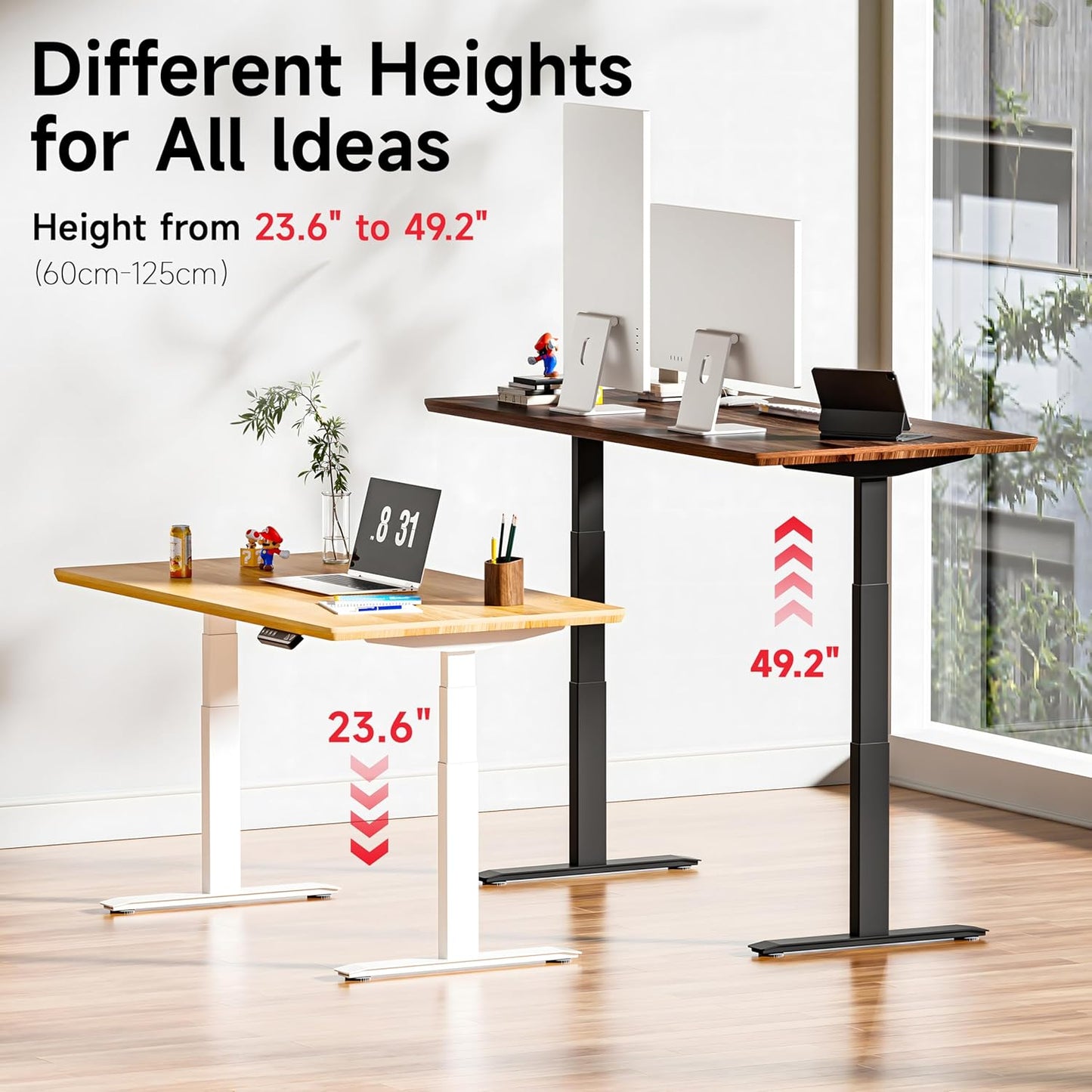 Okin Standing Desk Frame 3 Stage Dual Motor, Electric Stand Desk Legs Workstation up to 49.2",T-Shaped 270lb Load Adjustable Standing Computer Desk Base 43.3-71" for Home and Office,Glossy White