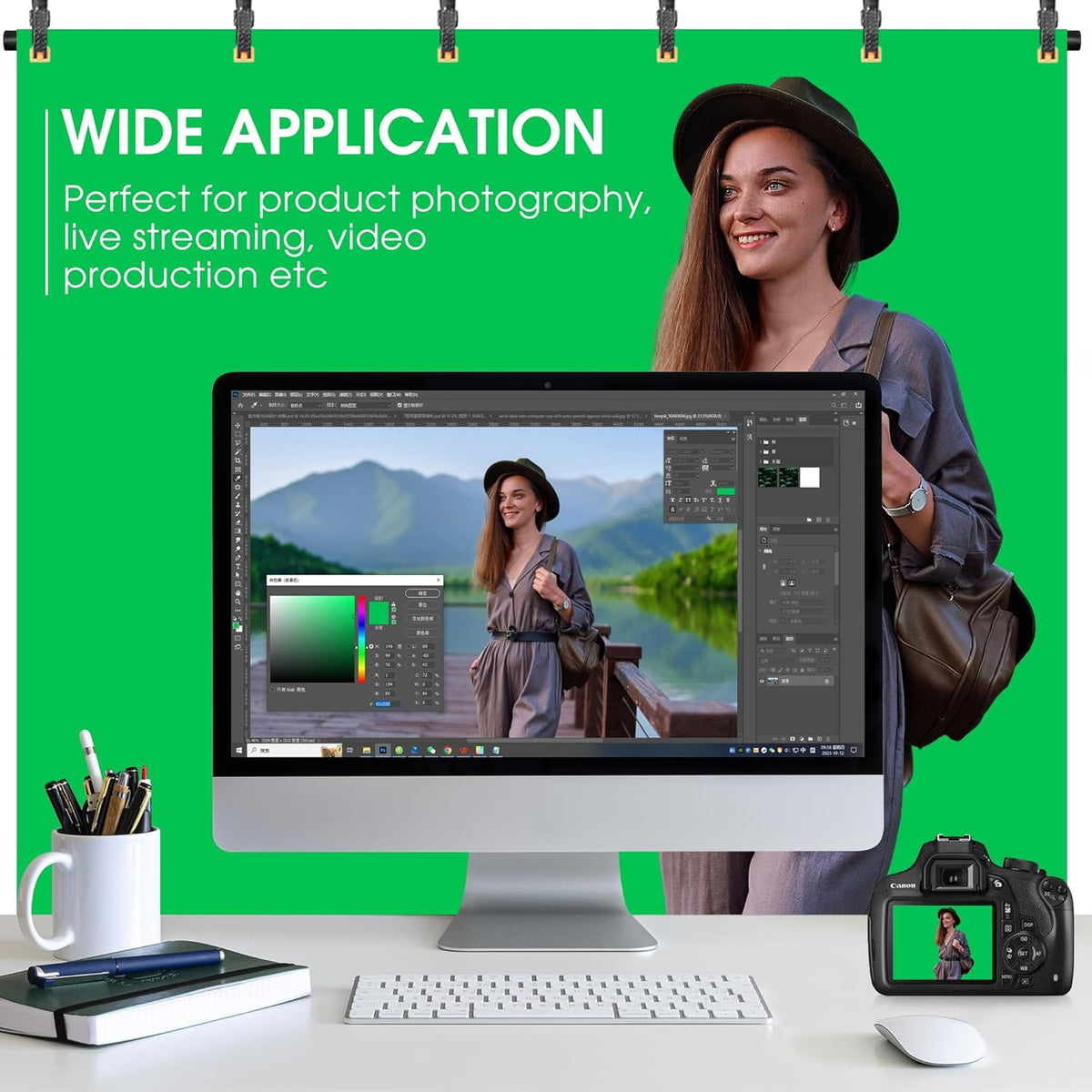 Green Screen Backdrop with Stand, 8x5.3ft Portable Greenscreen Background with Stand, T-Shape Green Screen Stand kit with 6 Spring Clamps, Sandbag, Carry Bag for Zoom, Video