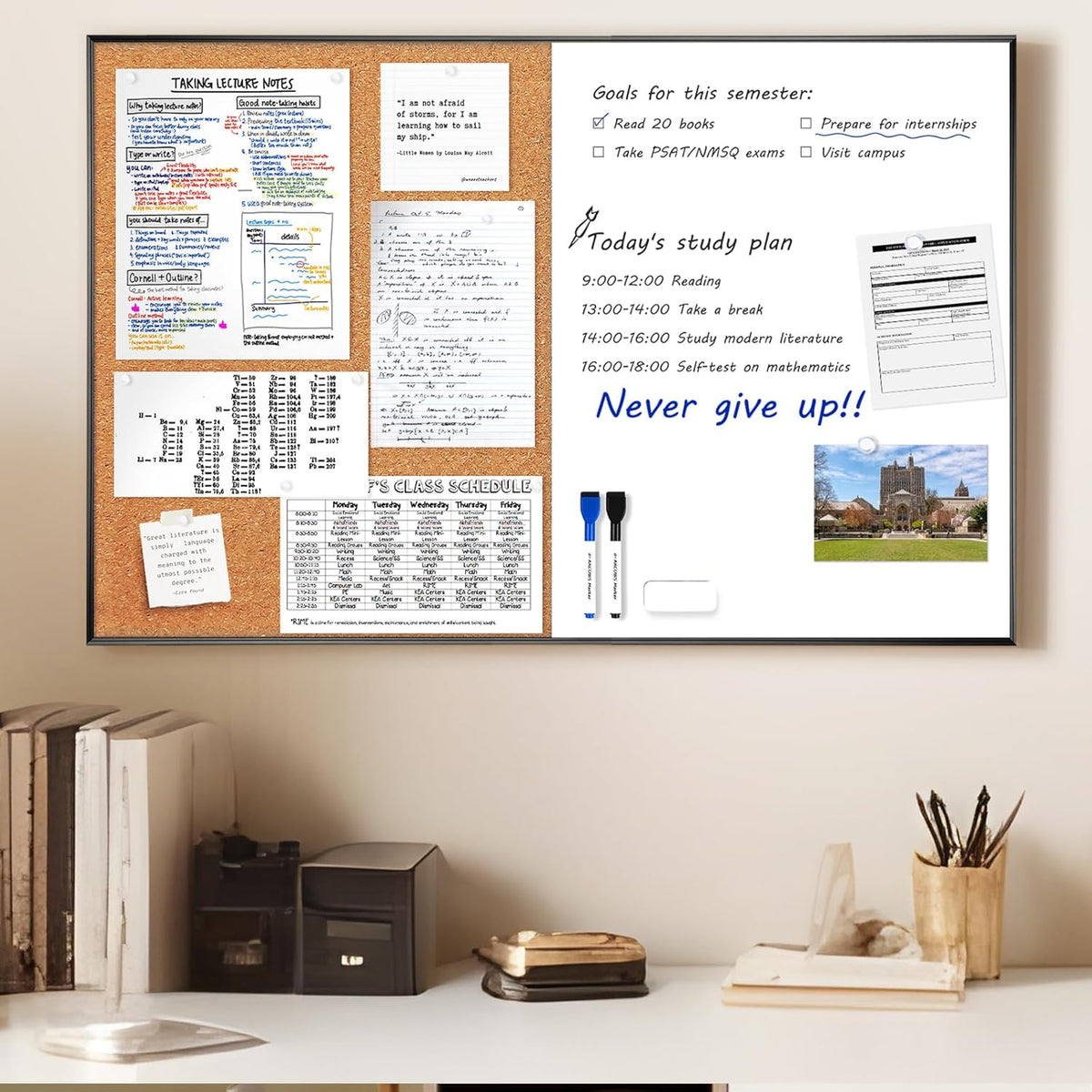 ARCOBIS Cork Board White Board Combo, 36 x 24 Inch Bulletin Board, Magnetic Dry Erase Board & Corkboard for Wall, Vision Board for Home, Office, School, Black Frame