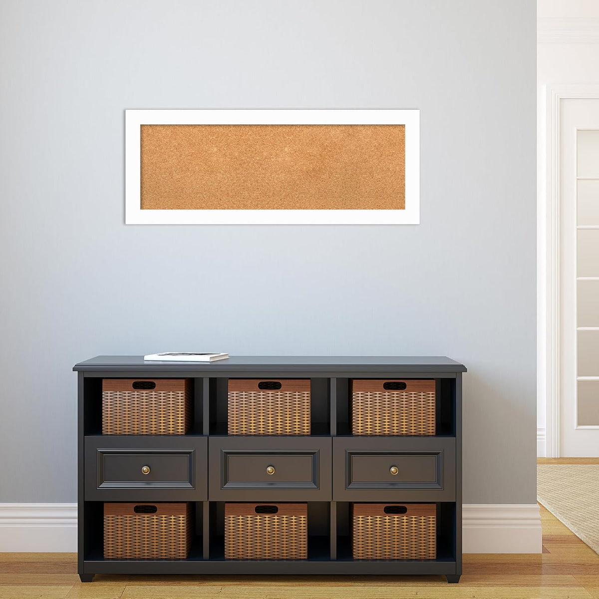 Amanti Art Natural Cork Board for Wall, 15x39 Vision Board with White Frame, Medium Corkboard Office Decor for Home Organization, Casual Corkboard Pinboard to Display Items for Home Organization in