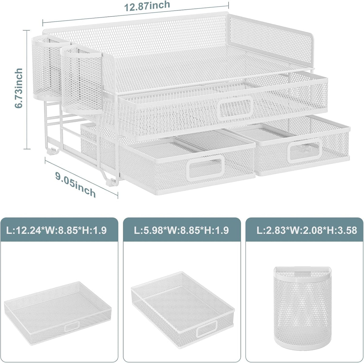 Marbrasse 3 Tier Mesh Desk Organizer with Drawer, Multi-Functional Desk Organizers and Accessories, Paper Letter Organizer with 2 Pen Holder for Home Office Supplies - White