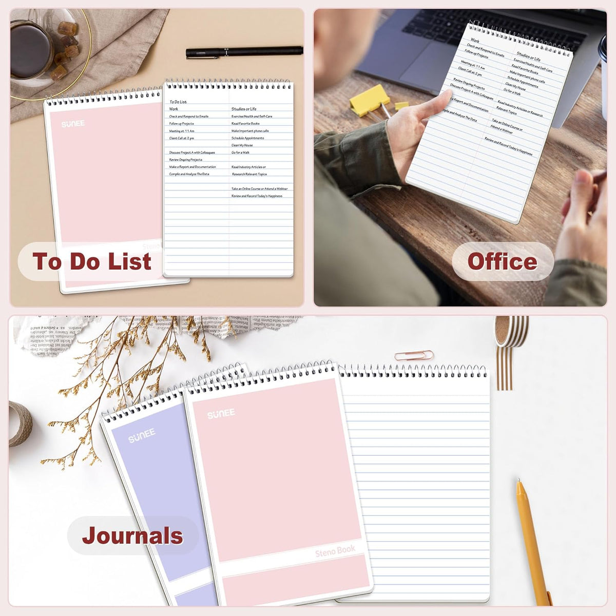 SUNEE 12 Pack Steno Pads 6x9, Gregg Rule, 60 Sheets, 6 Assorted Color Spiral Notebook 6x9, White Paper, Take Notes with Top Spiral Notebook, for School, University, College, Work, Office
