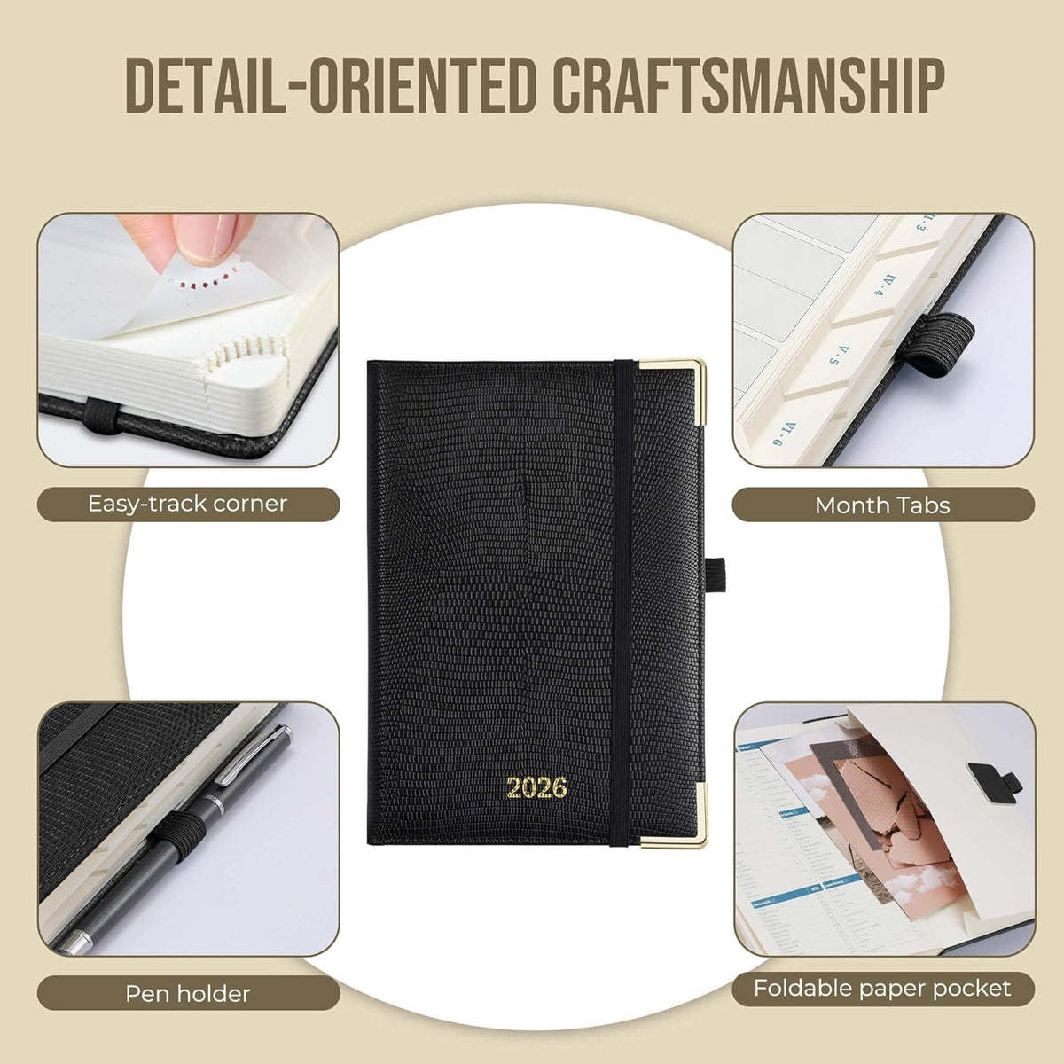 Daily Planner 2026 with One Page Per Day,(A5-8.5" x 5.9"),12 Months Calendar Hourly Appointment Book Monthly Tabs&Self-adhesive Pen Holder,Inner Pocket,Durable Vegan Leather Hardback,Black