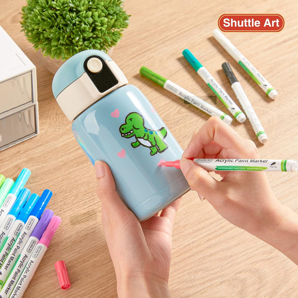 Shuttle Art Paint Pens, 42 Colors Acrylic Paint Markers, Low-Odor Water-Based Quick Dry Paint Markers for Rock, Wood, Metal, Plastic, Glass, Canvas, Ceramic