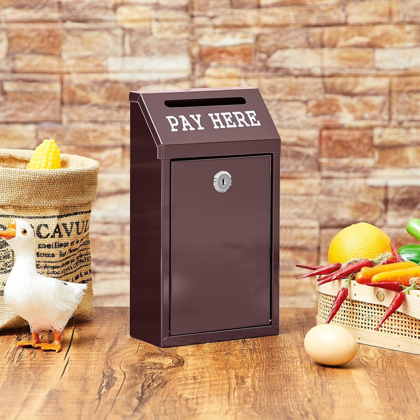 Safe Cash Box Money Collection Metal Donation Box with Lock Wall Mount Pre Drilled Mailbox Delivery Ballot for Home Office Outdoor Self Serve Stand(Brown,10.2 x 5.7 x 2.8 Inch)