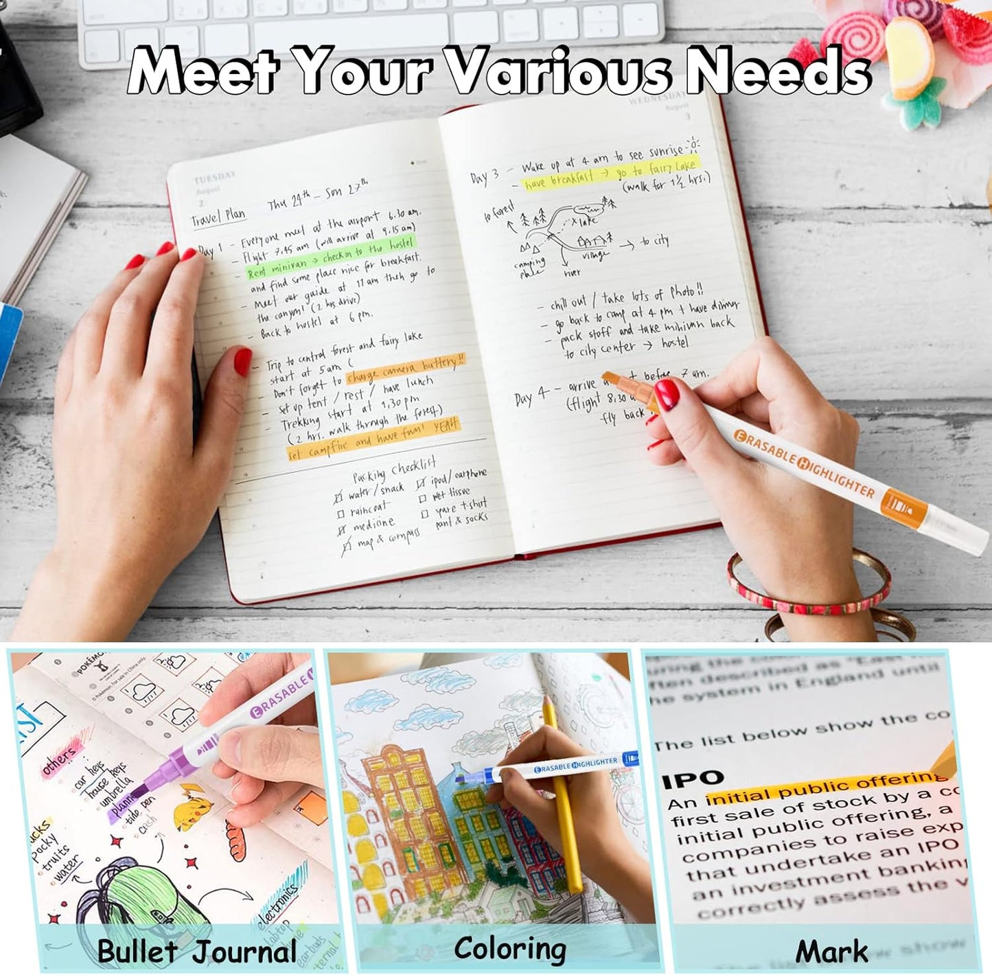 YOOUSOO Erasable Highlighters, 10 Colors, Double Head Smooth Writing Highlighters, Assorted Colors Chisel Tip Highlighter Markers, Smooth Writing Book Journaling Highlighter Erasable