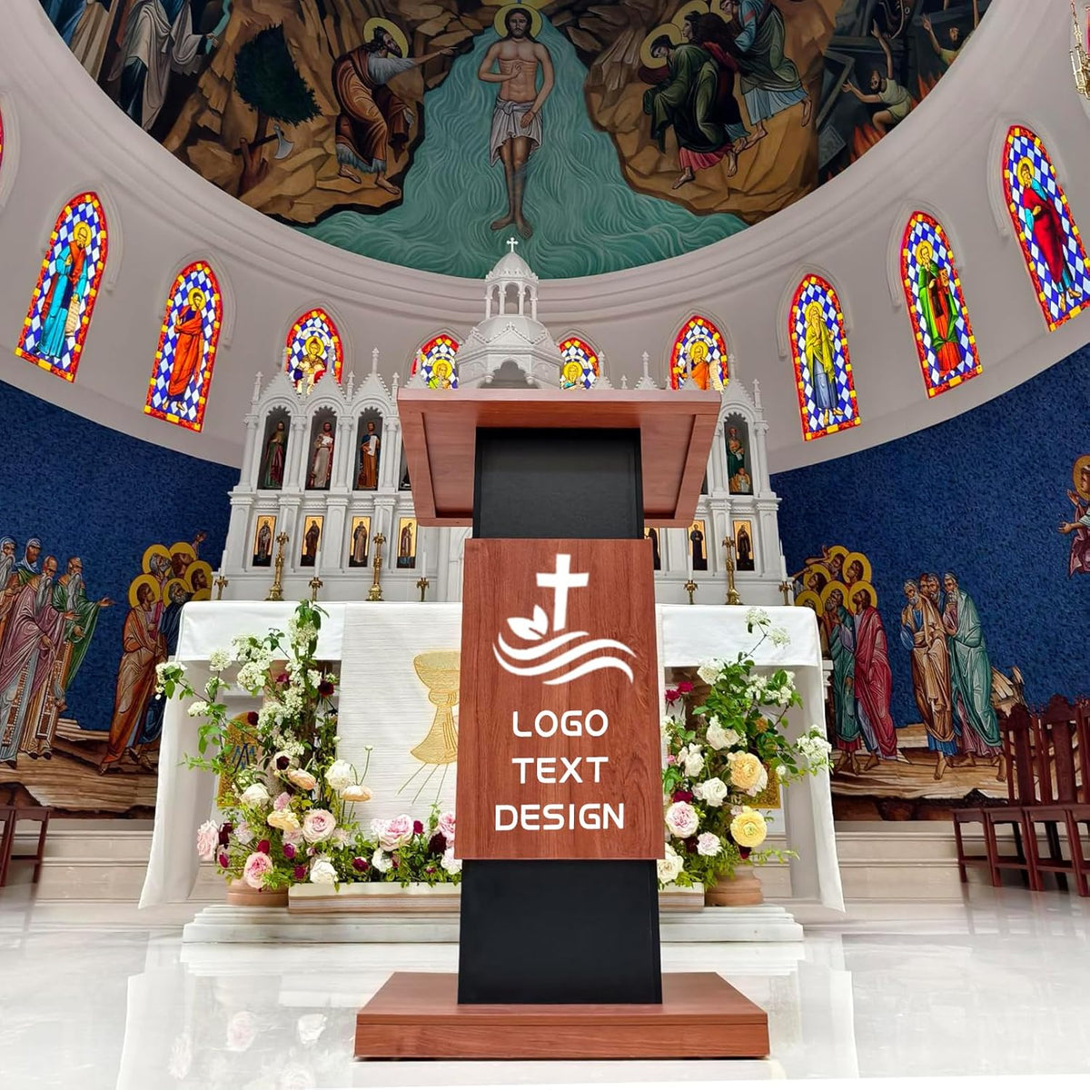 47" Customized Wood Podium Stand with Personalized Text Upload Your Logo, Wood Portable Lectern Churches with Wire Hole, Pulpits Stand with Storage for Churches, Office, School Conference Restaurant