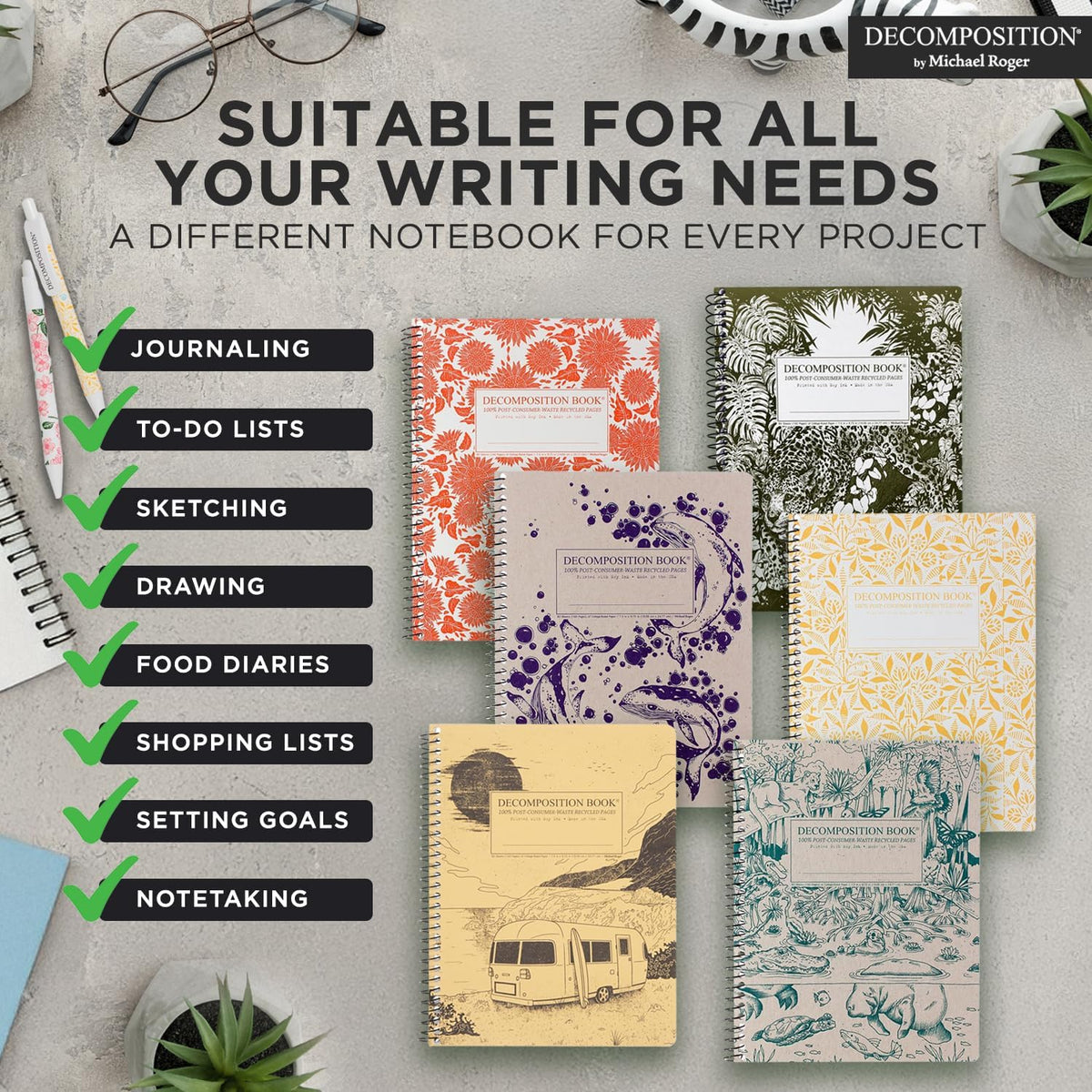 Decomposition Fairy Tale Forest College Ruled Spiral Notebook - 9.75 x 7.5 Journal with 160 Lined Pages - 100% Recycled Paper - Cute Notebooks for School Supplies, Home & Office - Made in USA