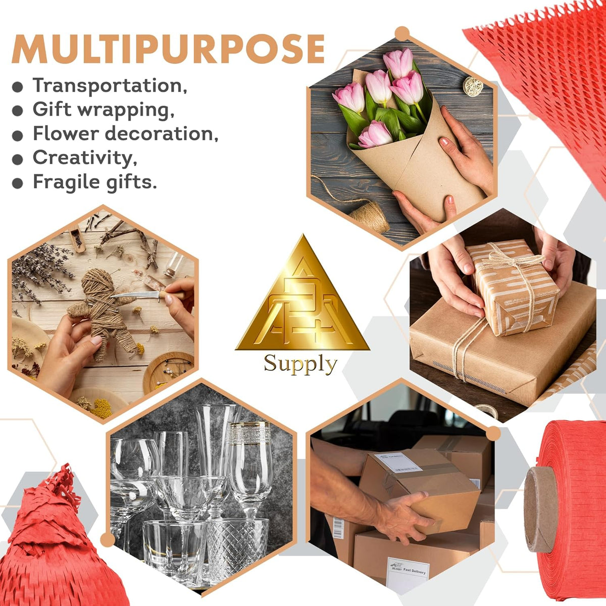 Red Honeycomb Packing Paper for Moving Breakables, 15 Inch x 100 Feet. Fragile Shipping Supplies. Perforated Packing Materials for Fragile Items. Moving Paper Wrap. Eco Friendly Packaging
