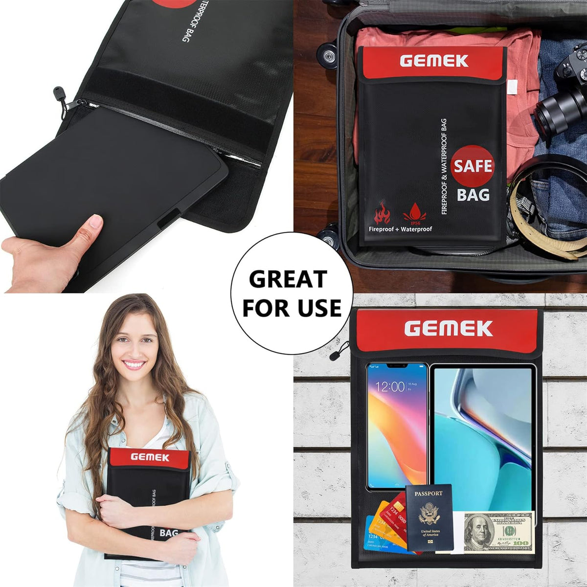 Fireproof Waterproof Money Document Bag 2 Pack, GEMEK Safe Zipper Bags, Fire & Water Resistant Storage Organizer Pouch for A4 A5 Documents Holder,File,Cash,Jewelry,Passport,Tablet,Laptop (Black)