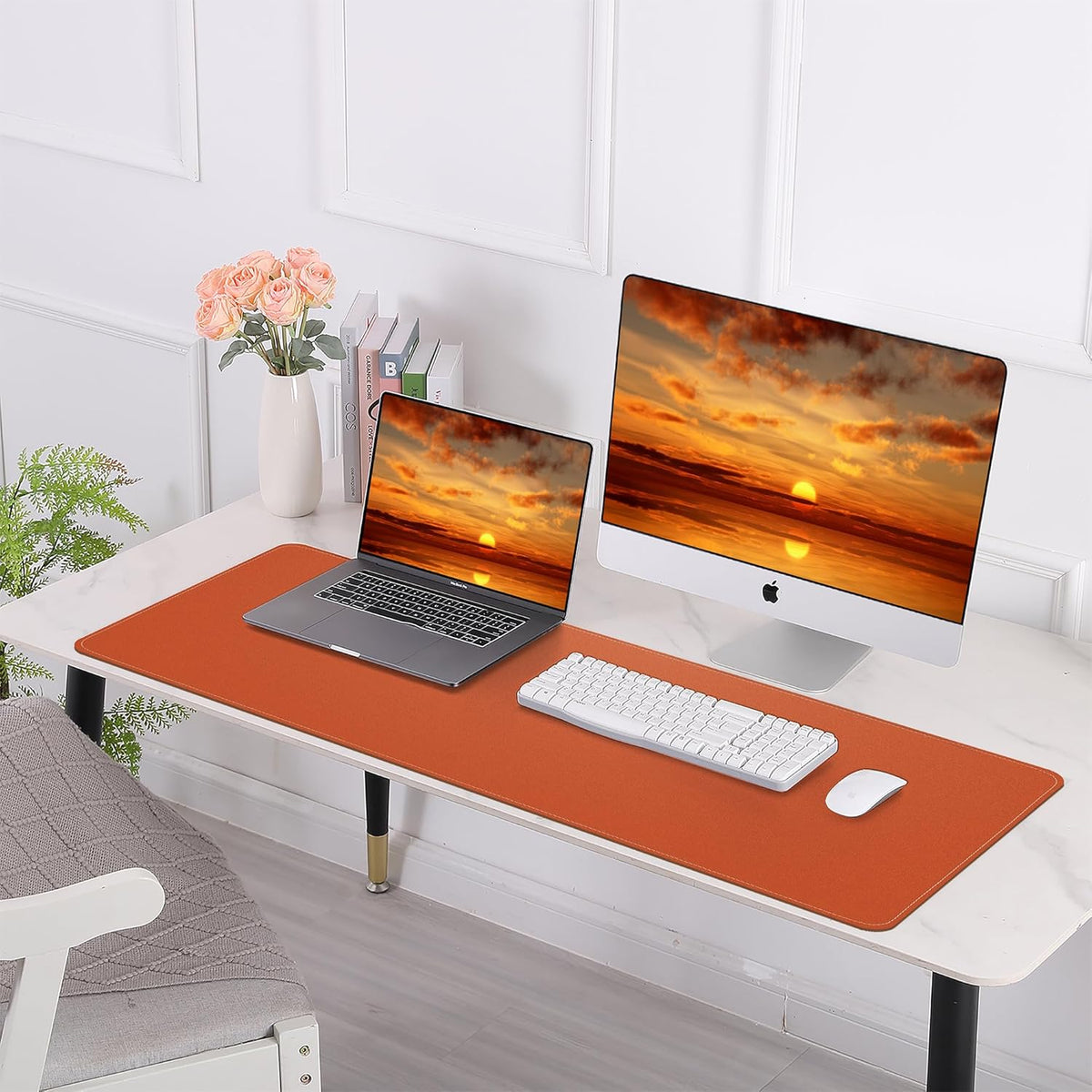 Large Desk Mat -47.2" x 17" Leather Desk Pad Protector with Natural Cork & PU Leather, Non-Slip Office Desk Mat, Double-Sided Mouse Pad, Waterproof Large Desk Pad for Office&Home (Orange)β¦
