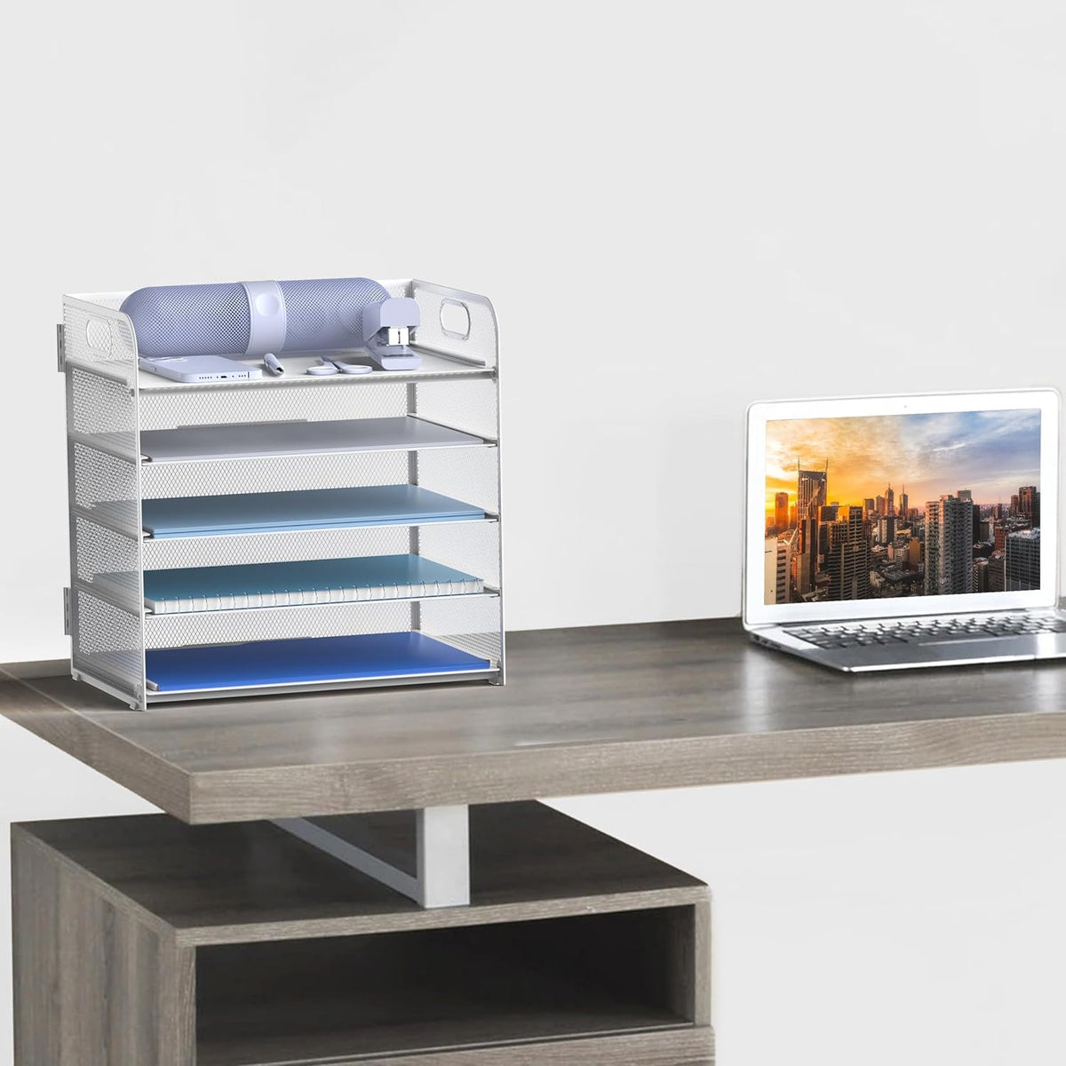 Letter Tray Paper Organizer 5-Tier Desk Organizer File Organizer Paper Holder with Handle, Metal Desktop Document Shelf Tray Office Classroom Organization - White