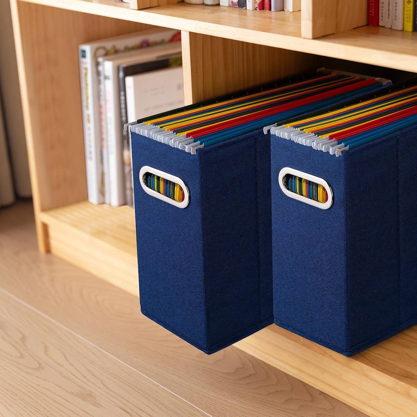 4 Packs Letter Size File Organizer, File Folders Organizer, Fabric Storage Box, Collapsible Paper Organizer with Metal Handle, Smooth PVC Rails, Only Box (Blue)