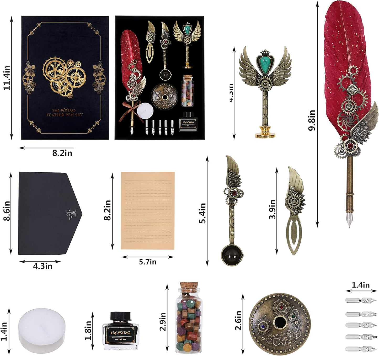 Quill Pen Set, Feather Pen, Ink, Bookmarks, Seals, Nibs, Wax Bead, Envelopes, Writing Paper, Gift Box, Red