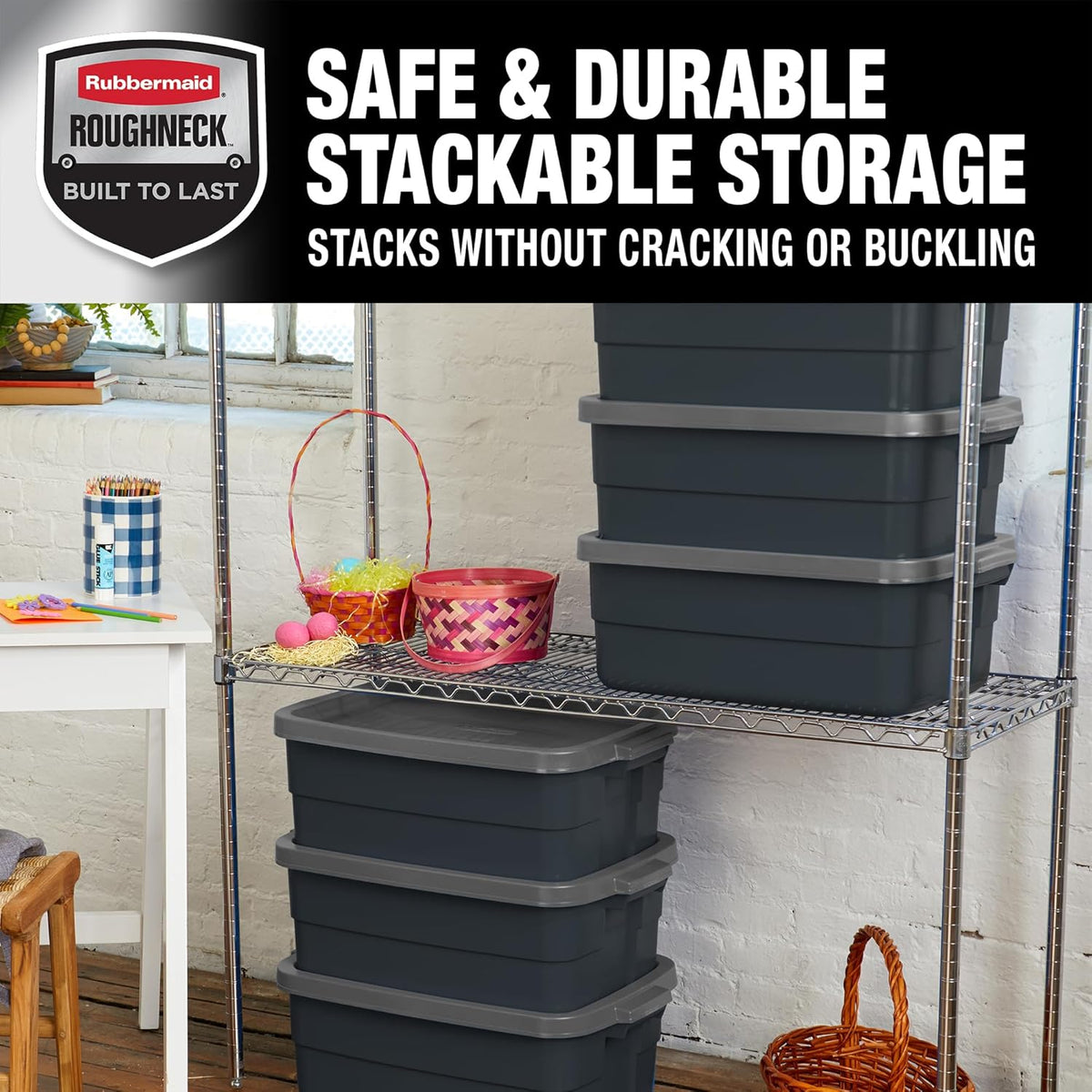 Rubbermaid 3-Pack Garage Storage Bins 18x12 Inch Heavy Duty Storage Bins, Large Capacity - USA Made Stackable Plastic Bins with Lids Black