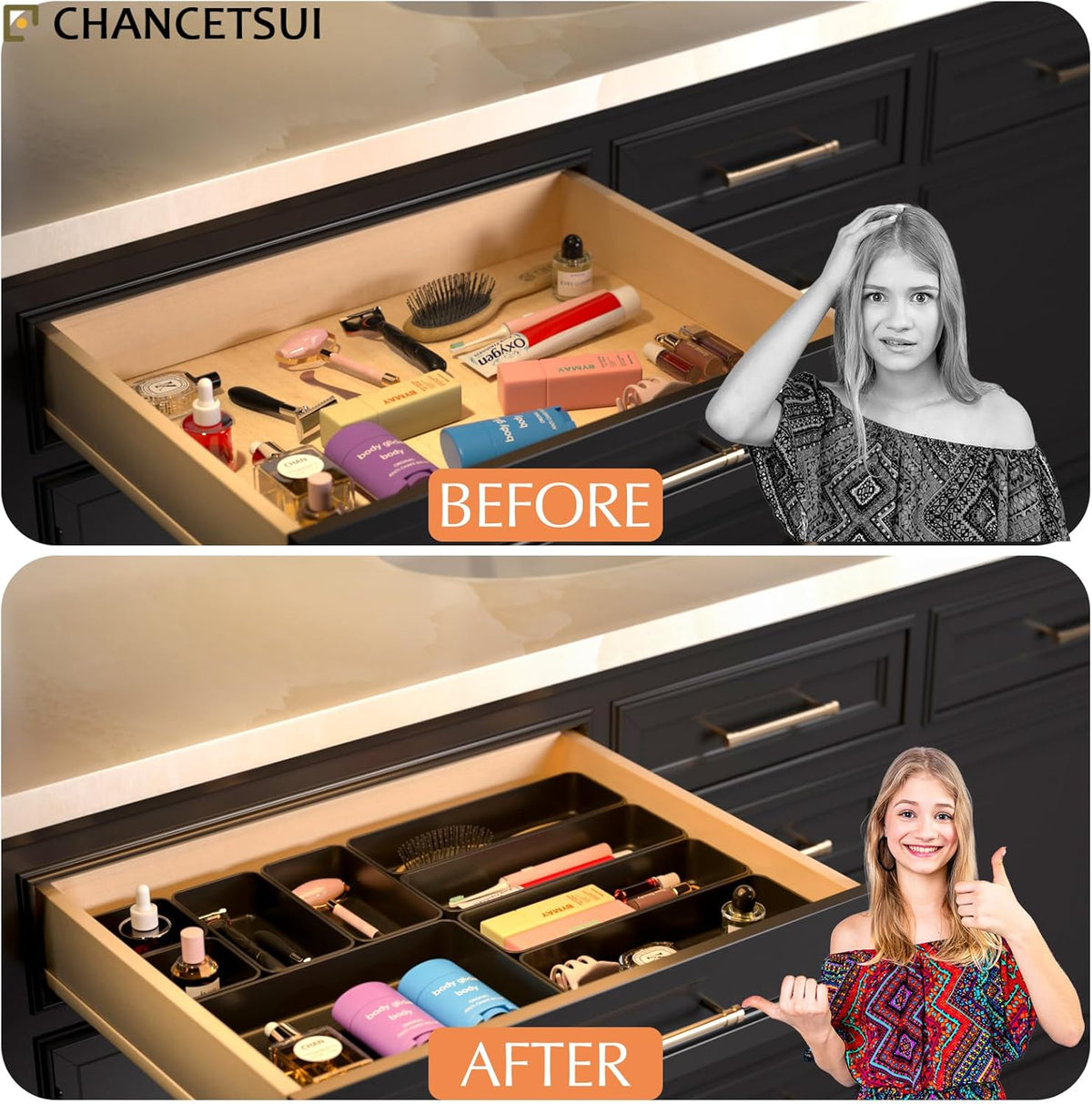 9 Pcs Stackable Drawer Organizer Trays Set, Multifunctional Stackable Storage Trays for Vanity, Bathroom, Kitchen, Desk Drawer Organizer Office. Plastic Drawer Organizers Available In 5 Colours, Black