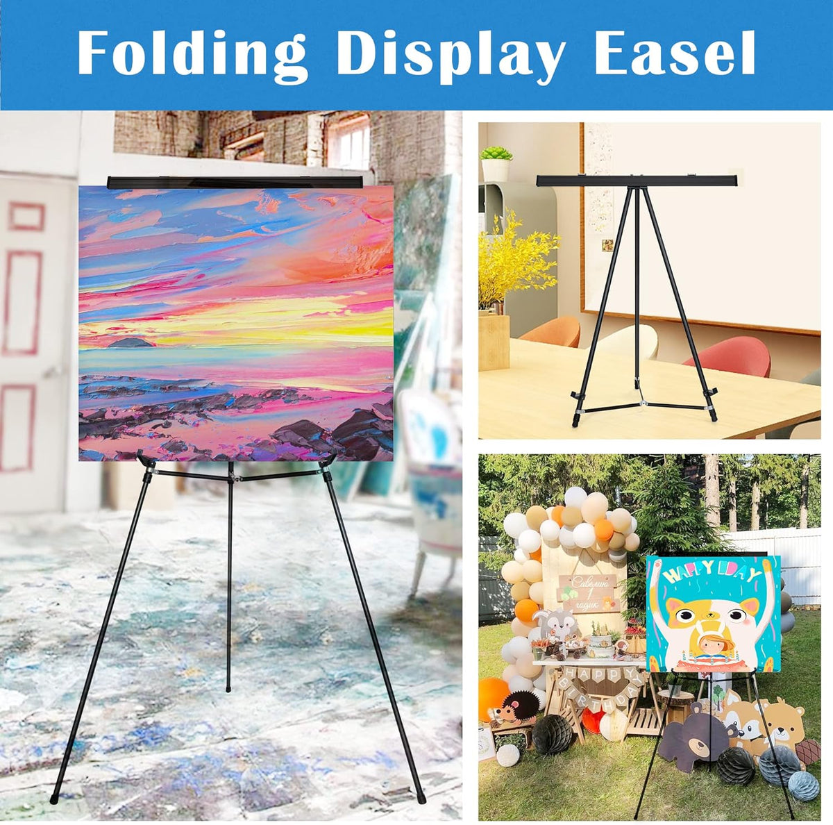 Falling in Art Aluminum Flip Chart Display Easel Stand with Adjustable Floor for Boardroom, Whiteboard, Paper Pads, Signage, 63 1/2'' High, Black,2 Pack