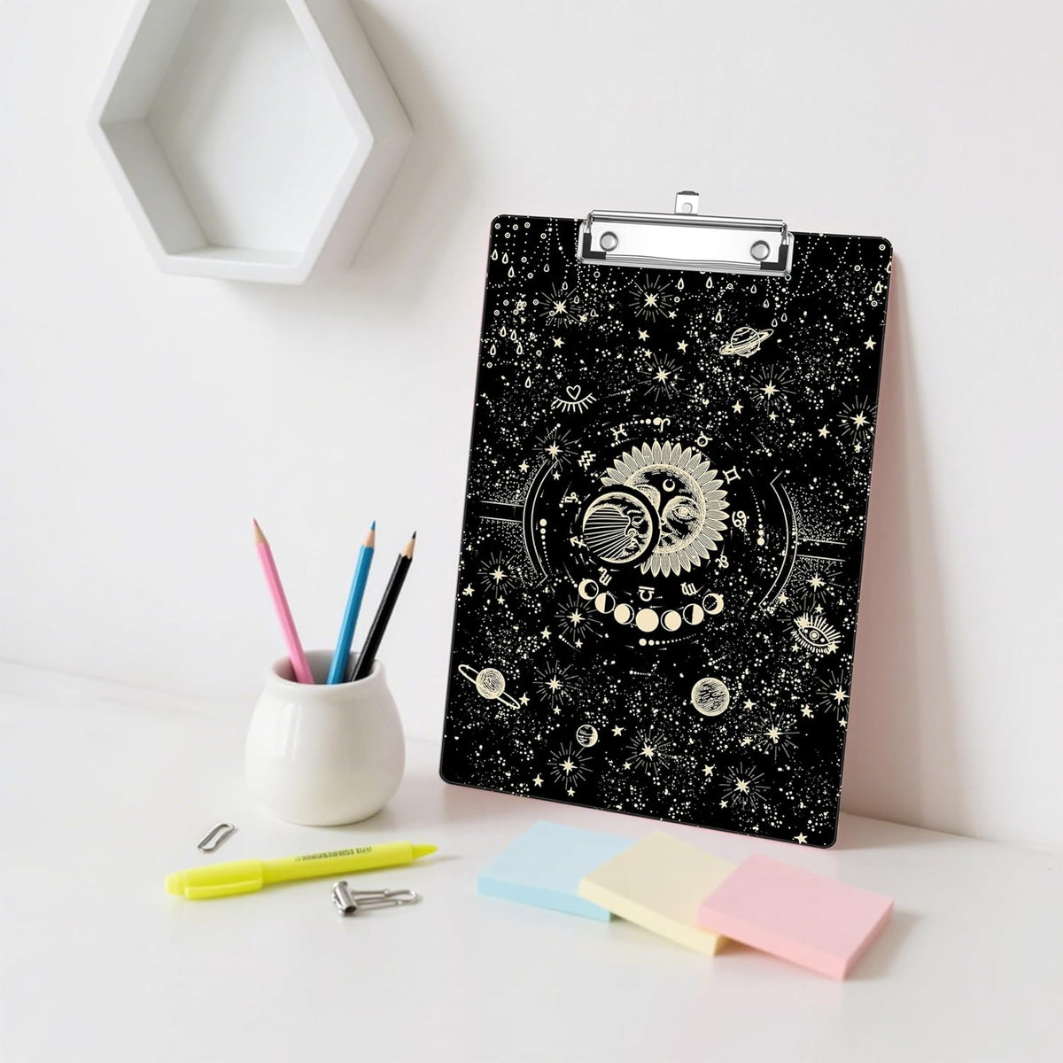 Golden Sun Moon Plastic Clipboards,Decorative Plastic Acrylic Clipboard for Teacher Social Worker Students Office Supplies 8 * 12