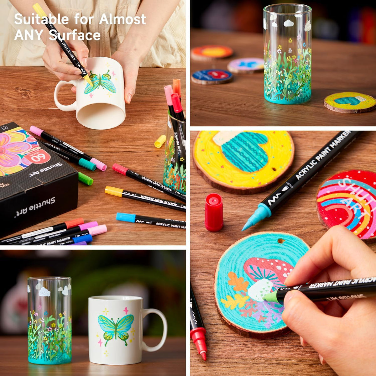 Shuttle Art 60 Colors Dual Tip Acrylic Paint Markers, Brush Tip and Fine Tip Acrylic Paint Pens for Rock Painting, Ceramic, Wood, Canvas, Plastic, Glass, Stone, Calligraphy, Card Making, DIY Crafts