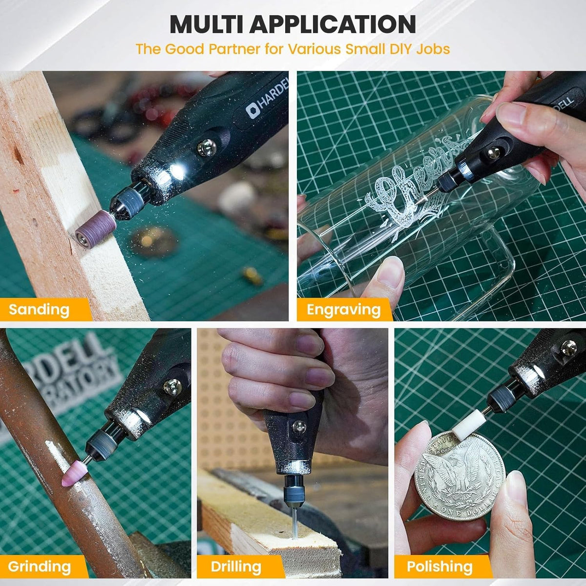 HARDELL Mini Cordless Rotary Tool 4V, 5-Speed Rotary Tool with LED Light, 2000mAh Battery, Multifunctional Carving Tool Cordless Kit for Sanding, Polishing, Drilling, Small DIY Projects