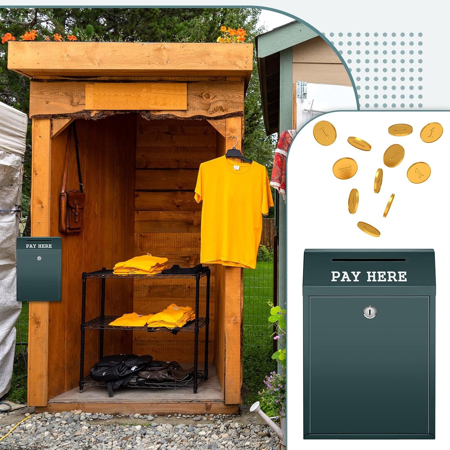 Safe Cash Box Money Collection Metal Donation Box with Lock Wall Mount Pre Drilled Mailbox Delivery Ballot for Home Office Outdoor Self Serve Stand (Dark Green,11.8 x 8.6 x 4.7 Inch)