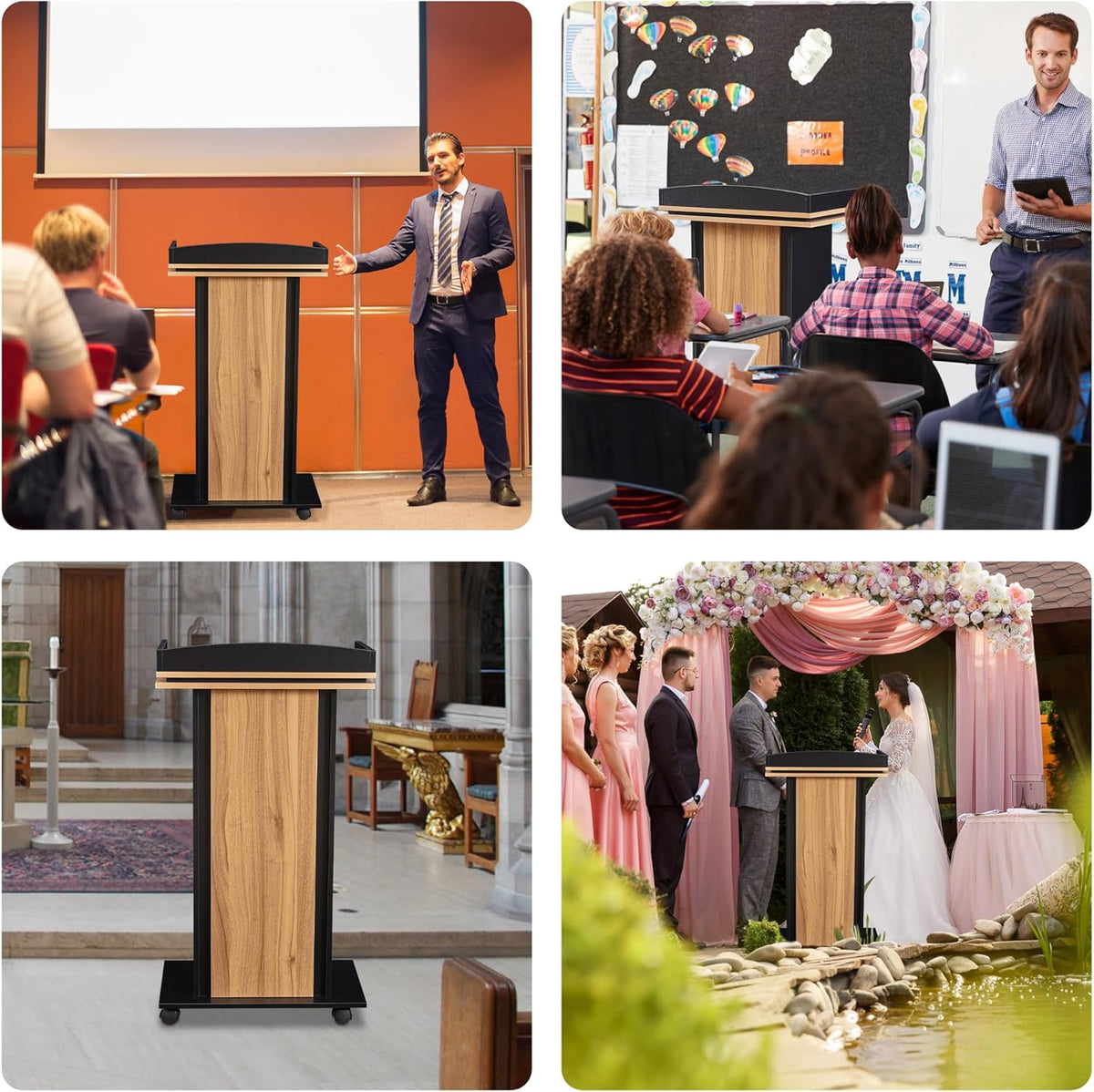 Podium Stand,Wood Podium with Wheels,Lectern with Storage,Mic Stand Space,15MM Particle Board,Wooden Pulpit for Restaurants,Churches,Seminars and Schools