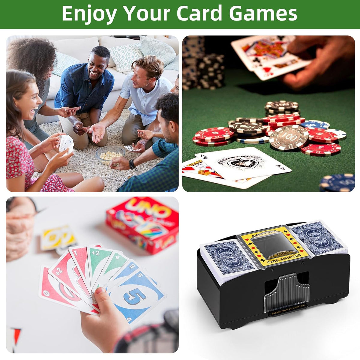 Automatic Card Shuffler 1/2/4/6 Decks,Battery Operated Electric Playing Card Shuffler for UNO,Casino Card Game,Poker,Phase 10,Blackjack,Texas Hold'em,Home Card Games