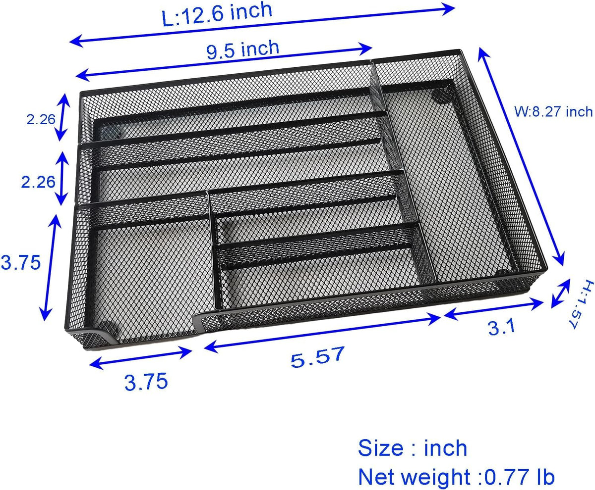 New Desk Drawer Organizer Metal Mesh Drawer Organizer Tray for Office School or Home Supplies Desktop Storage Stationery, 6 Compartments, 12.6 x 8.27 x 1.57 inch,Black (2pc pack)