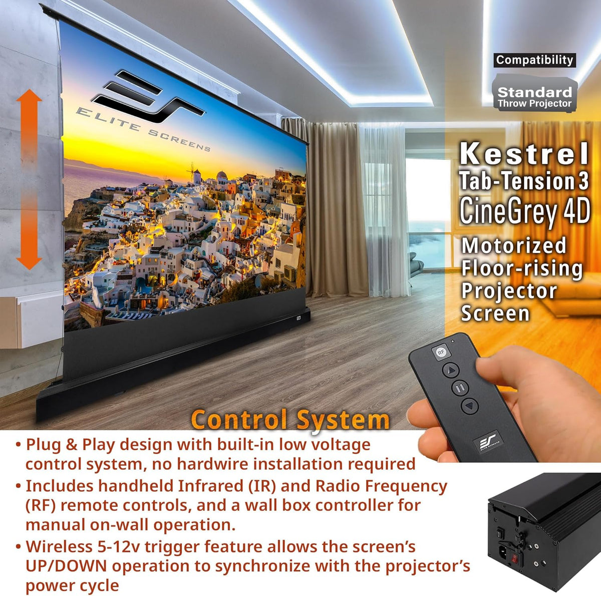 Elite Screens Kestrel Tab-Tension 3 CineGrey 4D, 150 inch 16:9, Standard Throw ISF Ceiling Ambient Light Rejecting (CLR/ALR) Electric Floor-Rising Projector Screen, Programmed Remote Kit, FTE150H3-C4D