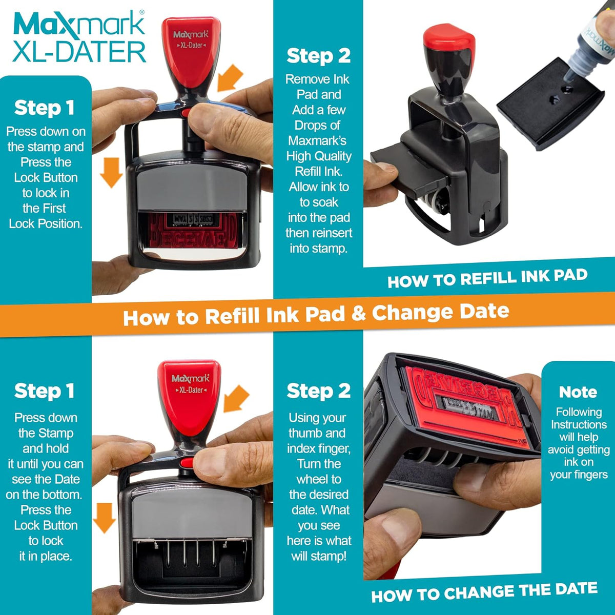 MaxMark Heavy Duty Style 3 Date Stamp with Approved self Inking Stamp - Red Ink