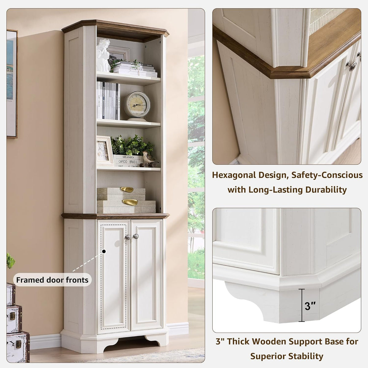 T4TREAM 6-Tier Bookshelf with Storage, 72" Tall Farmhouse Bookcase with Doors and Adjustable Shelves, Wooden Floor Standing Display Book Shelf Organizer for Home Office, Antique White