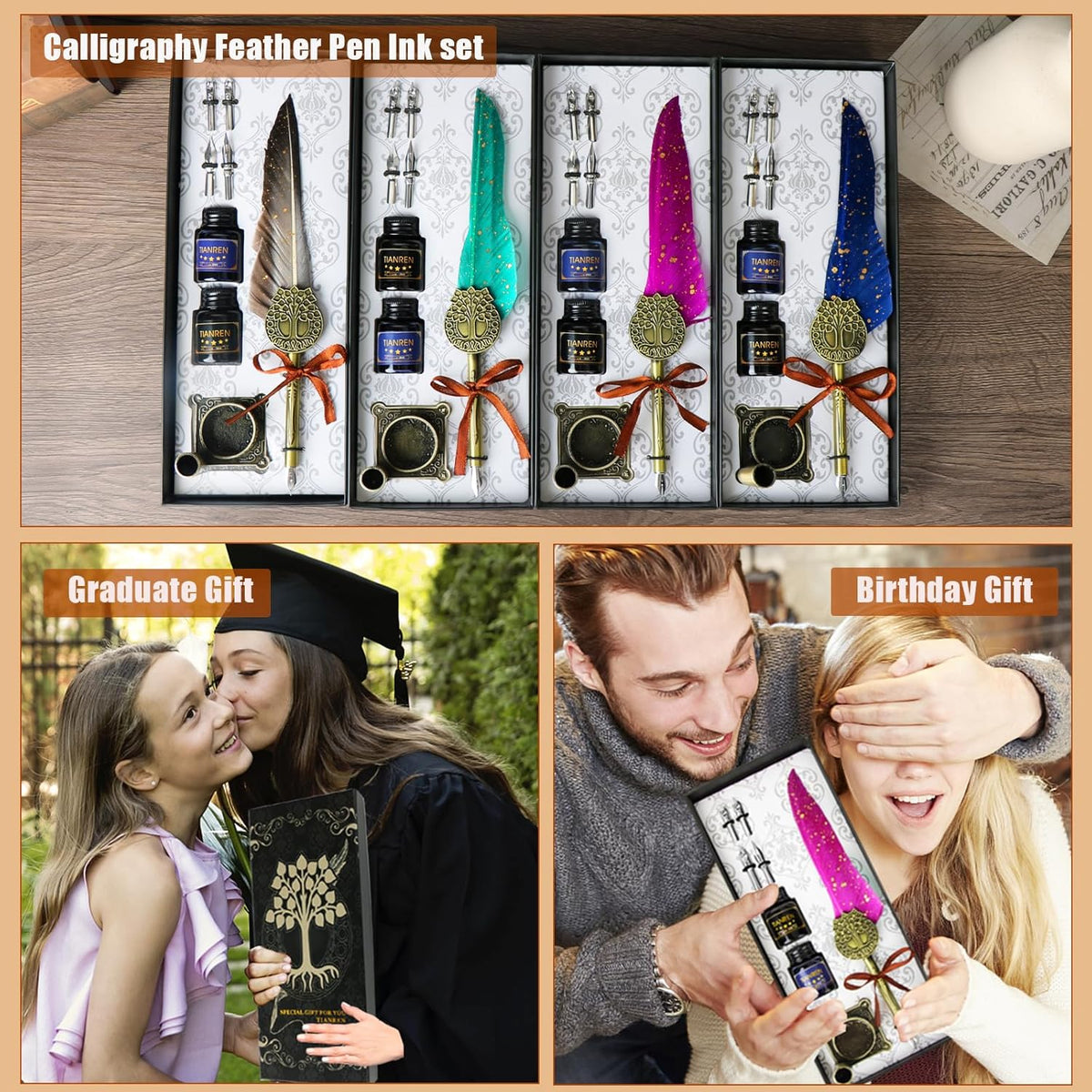 Feather Pen and Ink Set,quill pen ink set,Antique Calligraphy Pen with 4 Replaceable Nibs,2 Bottle of ink,Pen Holder Christmas Gift for Men&Women.(Blue)