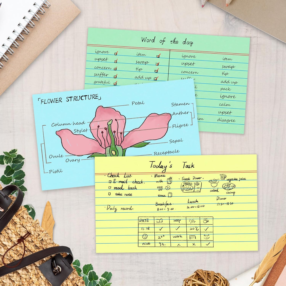 Chell Extra Heavyweight Index Cards 3x5 Inch, No Bleed-Through, 100 Count, Ruled Front and Blank Back, 80 lb. Cover Weight, Pastel Colors