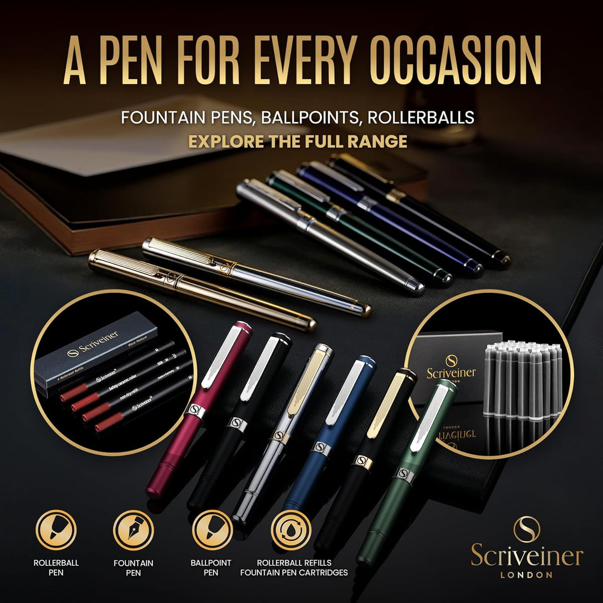 Scriveiner Gold Rollerball Pen - Stunning Luxury Pen, Real Gold Plating, Schmidt Ink Refill, Best Roller Ball Pen Gift Set for Men & Women, Professional, Executive Office, Nice Pens