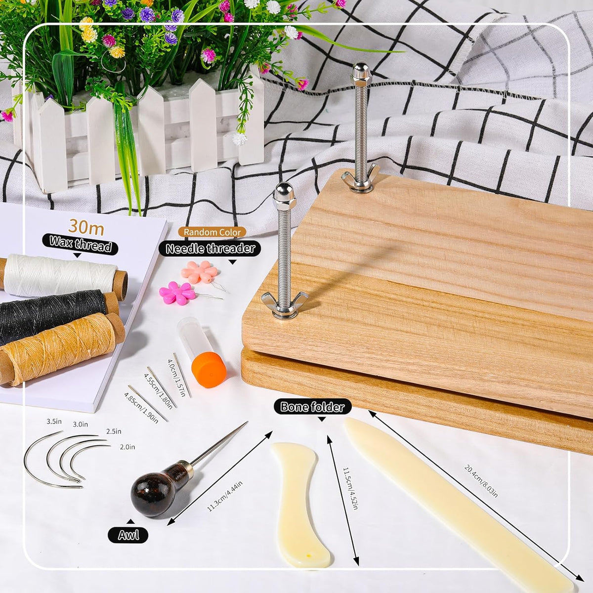 JUPEAN Book Binding Kits, Bookbinding Supplies, Bookbinding Kit for Beginners Bone Folder Tool with Paper Awl Waxed Thread Book Press for DIY 7.9”x11.6”