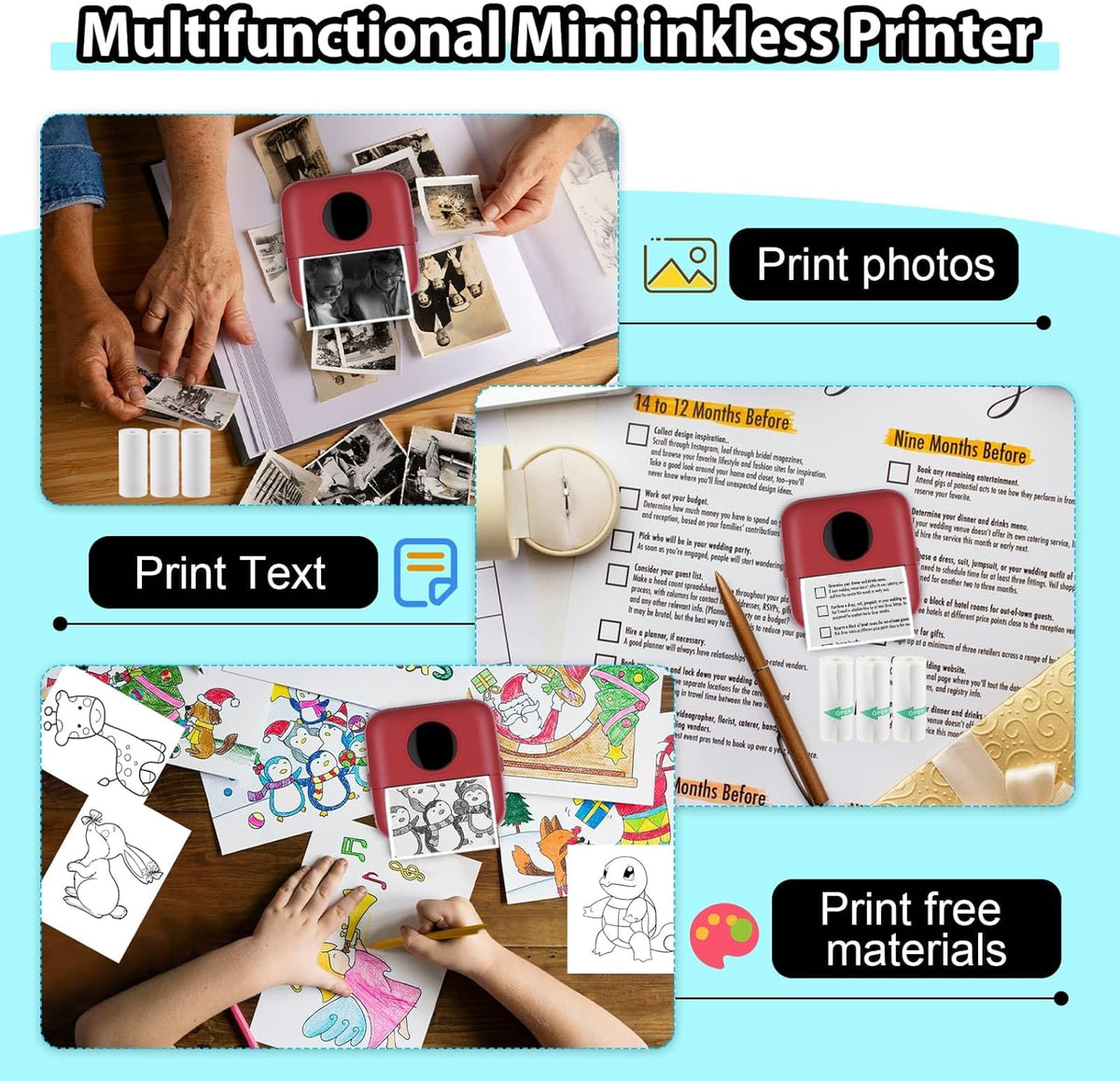 HuiJuKeJi Mini Sticker Printer Bluetooth Smart Pocket Inkless Thermal Printer with 11 Rolls Thermal Paper and Sticker for iOS&Android, Portable Receipt Printer for Photo Note Memo (Brown red)