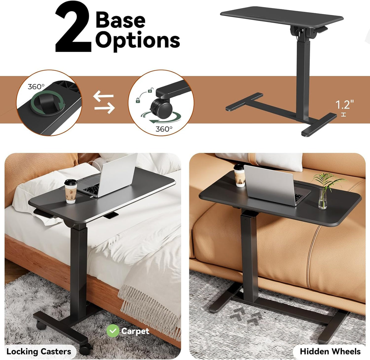 Mobile Standing Desk, Height Adjustable Left/Right Overbed Bedside Table, 90° Tiltable Portable Laptop Desk with Wheels, Foldable Computer Cart for Hospital Home Use, Black