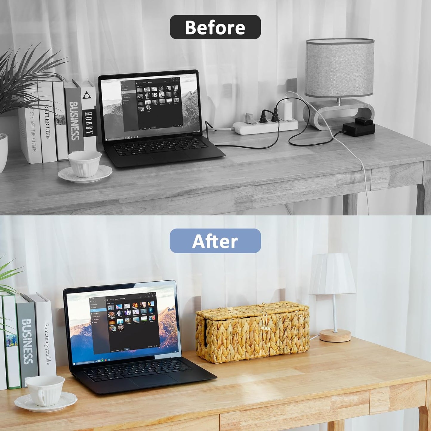 efluky Hand-Woven Cable Management Box with Lid, Water Hyacinth Cord Organizer Box to USB Wire, Power Strip & Charger, 2 Open Slots Cable Box for TV Table, Office Desk & Floor, Natural