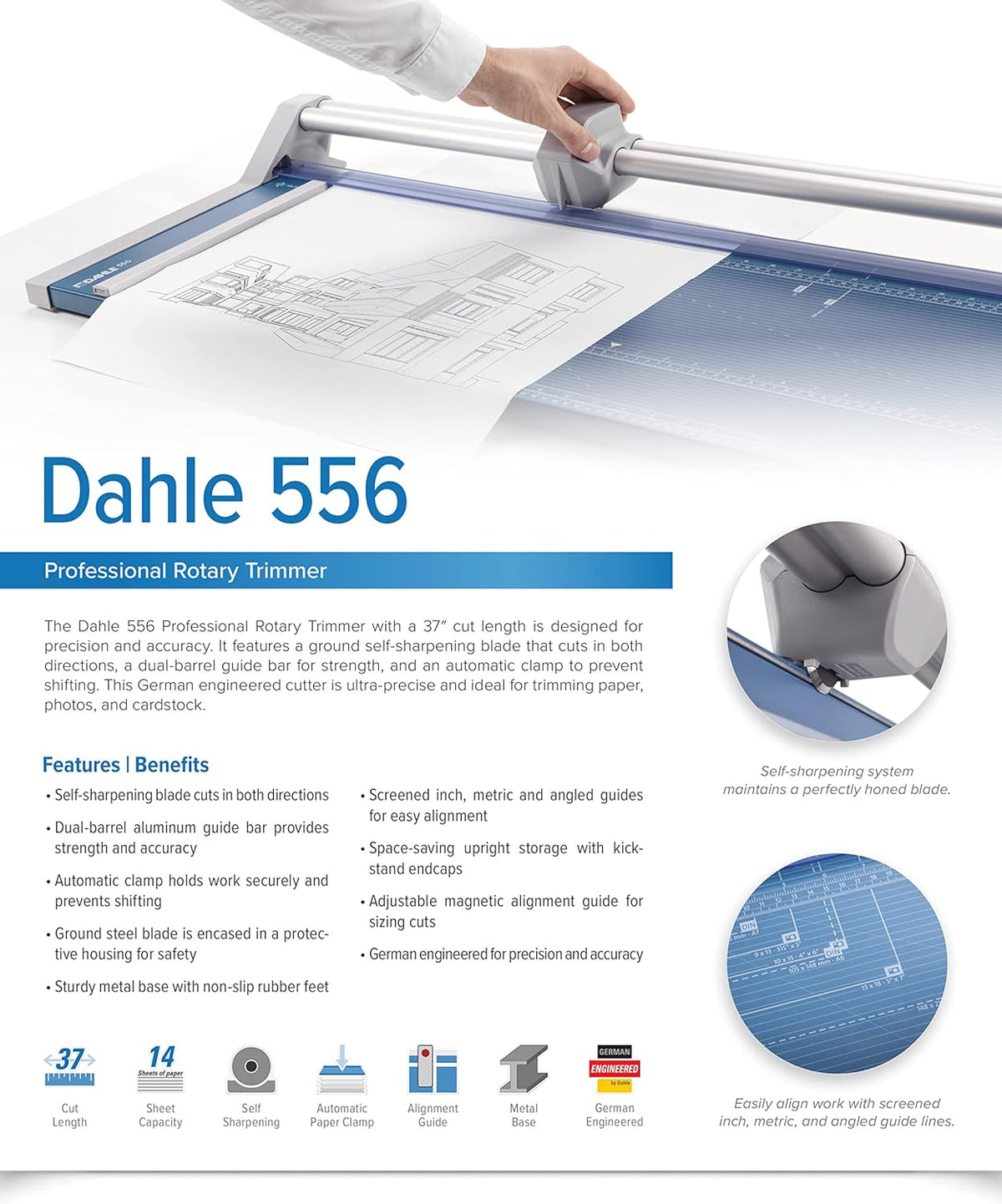 Dahle 556 Professional Rotary Trimmer, 37" Cut Length, 14 Sheet Capacity, Self-Sharpening, Dual Guide Bar, Automatic Clamp, German Engineered Paper Cutter
